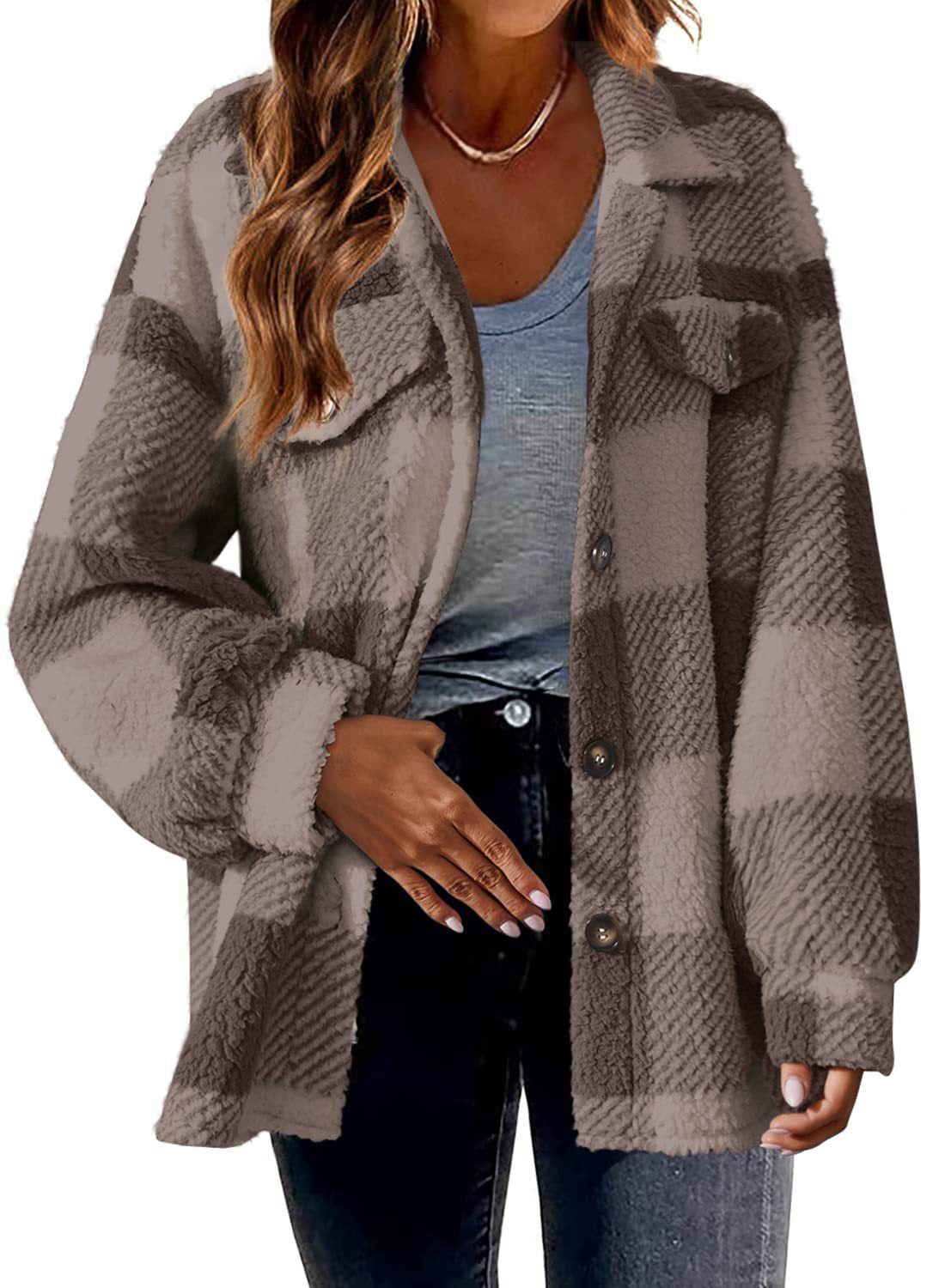 Umlegekragen Karierte Jacke mit Taschen Einreihige Button-Down-Wolljacke Herbst- und Winterkleidung für Damen