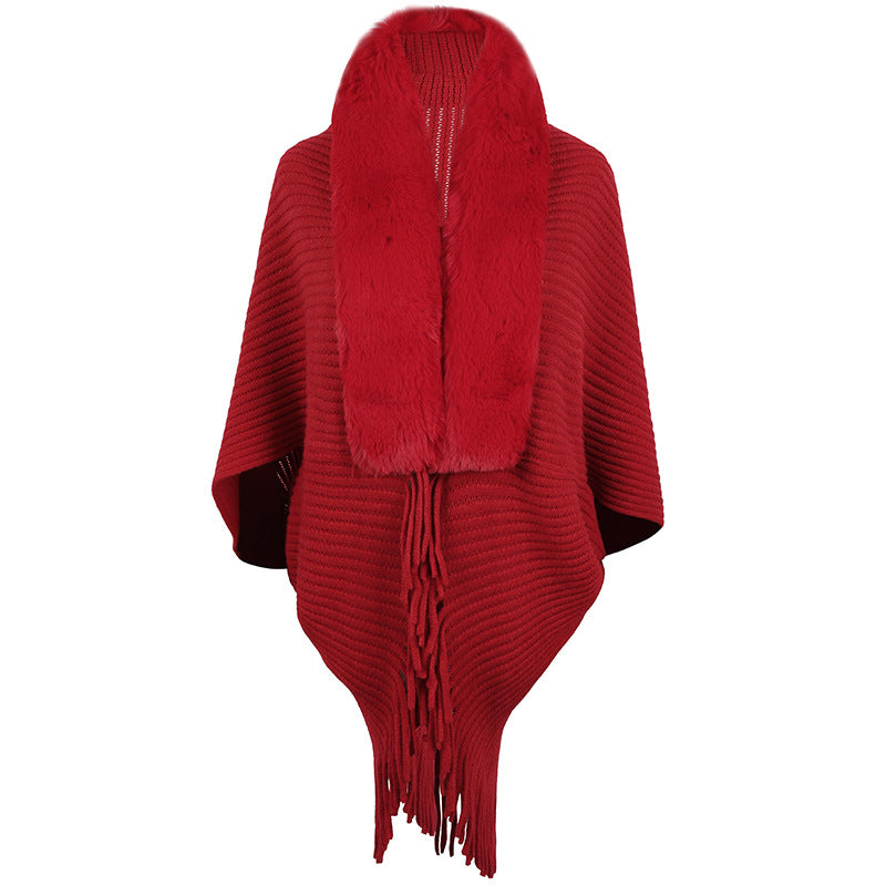 Women's Fur Collar Tassel Shawl Knitted