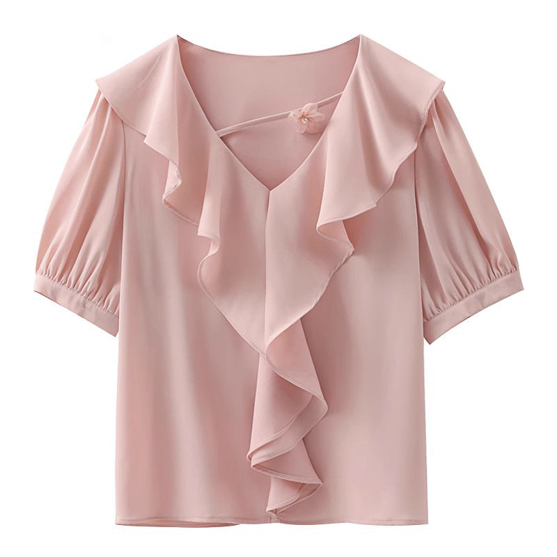 Women's French Ruffled Puff Sleeve Short Sleeve Top