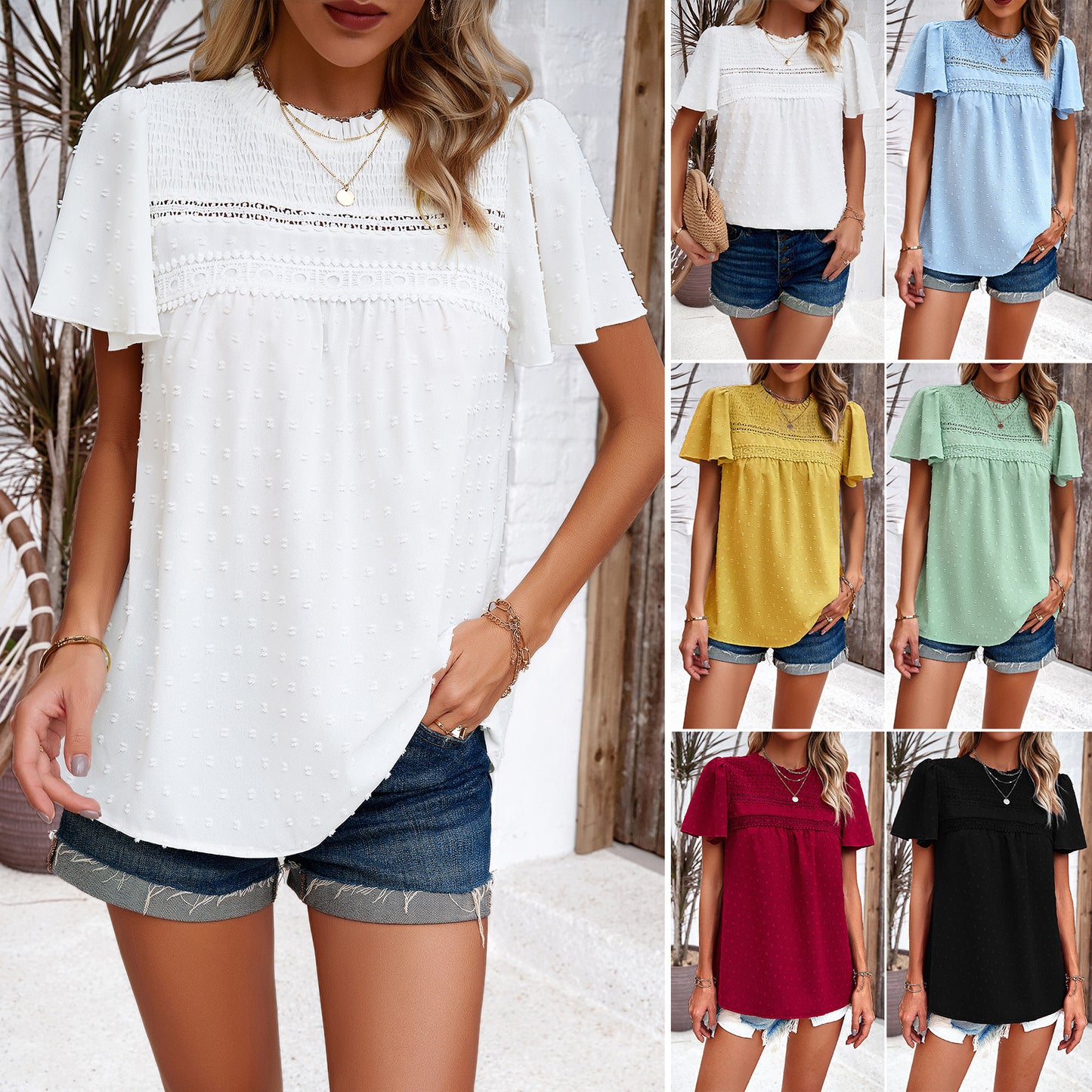 Women's Solid Color Short-sleeved Patchwork Top