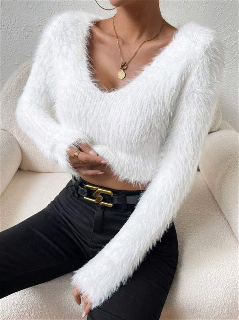 Autumn And Winter New Solid Color And V-neck Slim Fit All-match Plush Short Women's Sweater