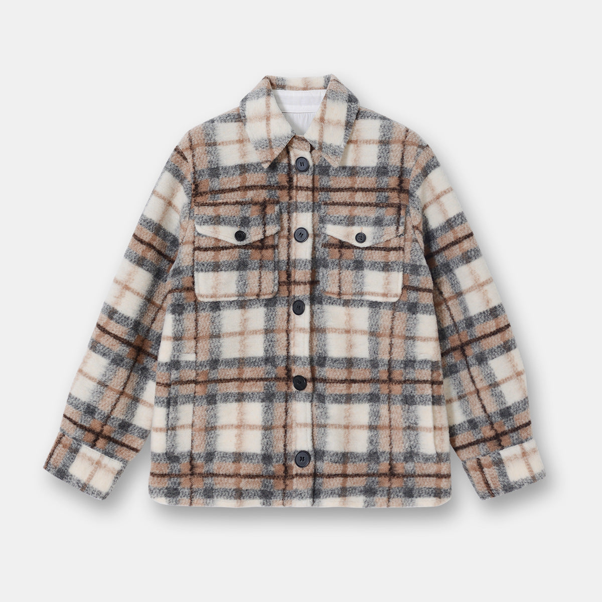 Plaid Perfection: Wool plaid short coat with a shirt collar, offering loose comfort for both men and women.