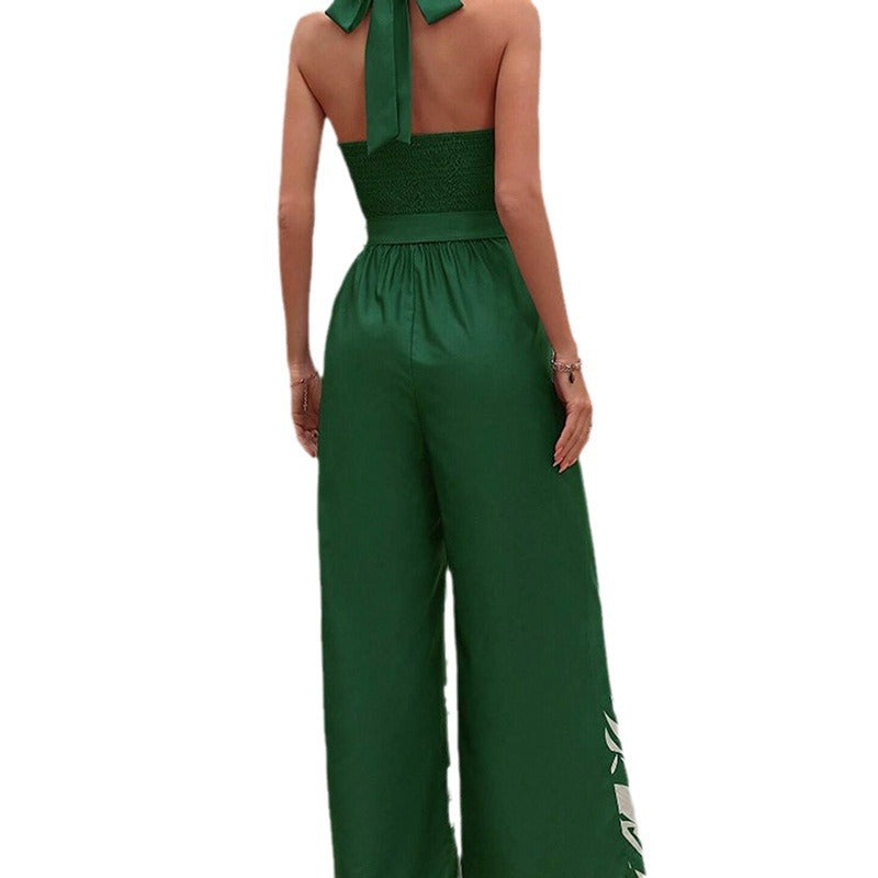 Rückenfreier Jumpsuit mit Gürtel und Neckholder in Druckserie für Damen