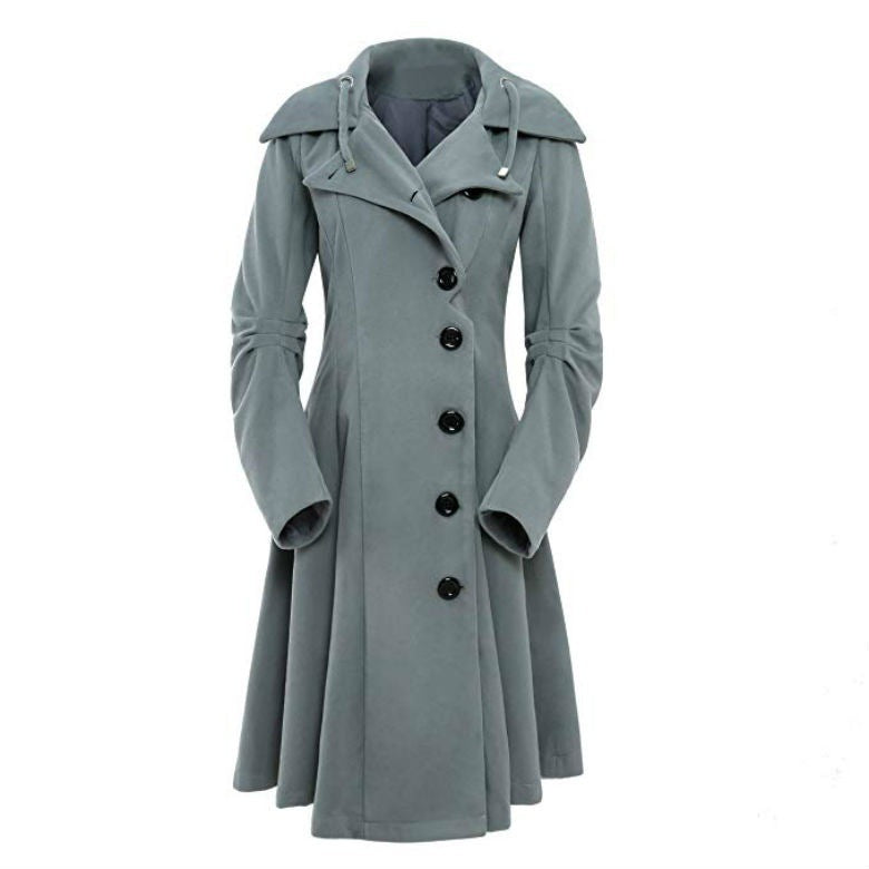 Schlanke Eleganz: Schmaler, zweireihiger, langer Trenchcoat für zeitlosen Stil.