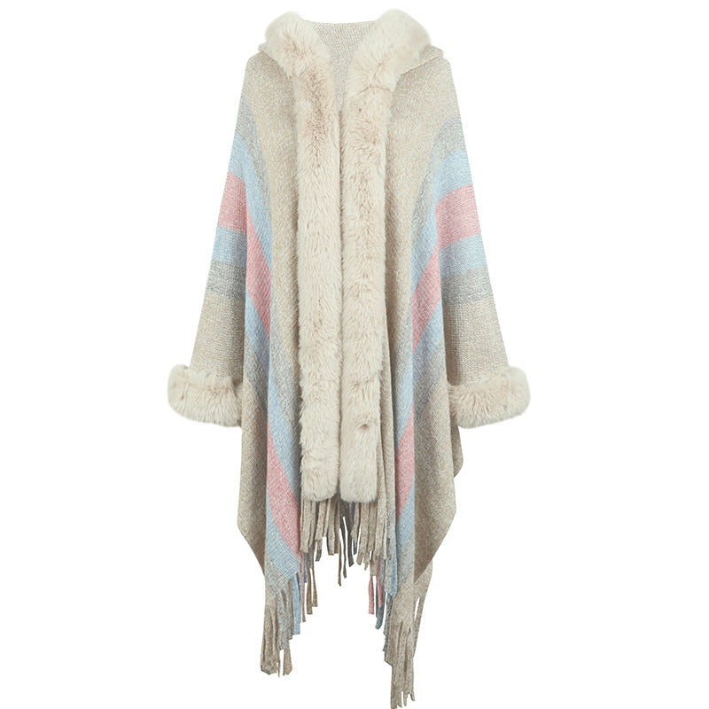 Women's Hooded Cape Autumn And Winter Striped