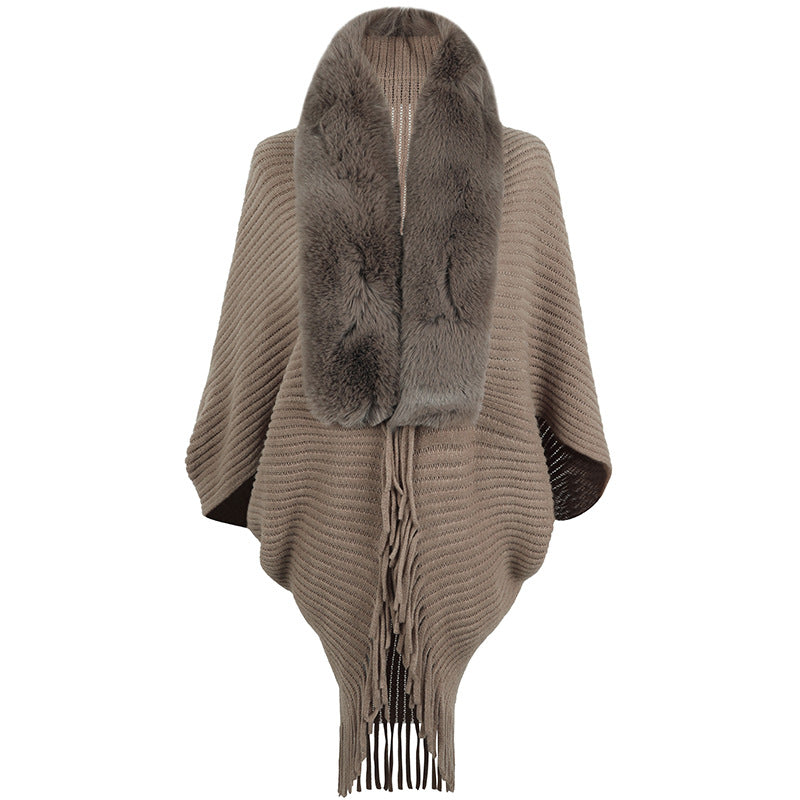 Women's Fur Collar Tassel Shawl Knitted