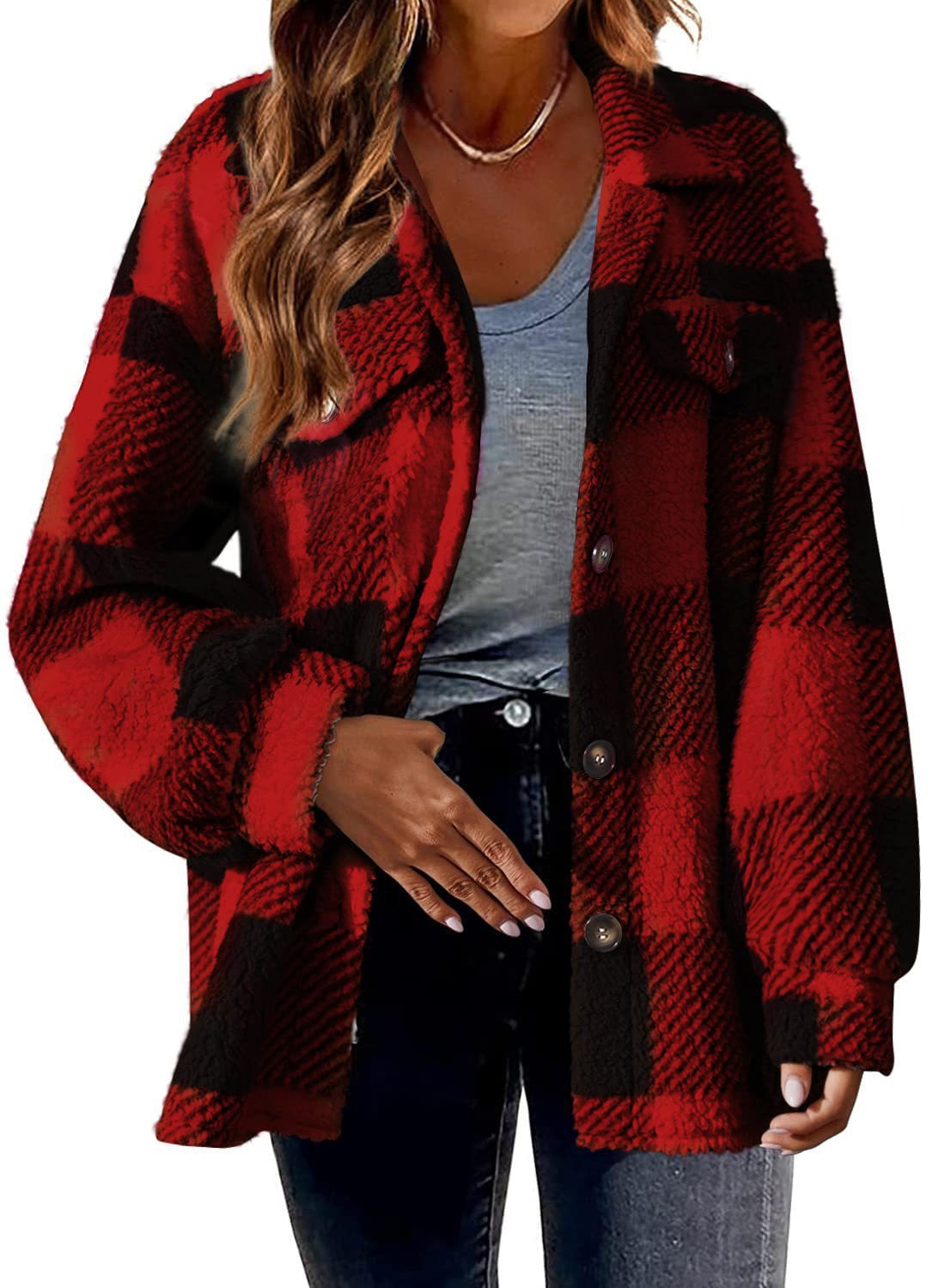 Umlegekragen Karierte Jacke mit Taschen Einreihige Button-Down-Wolljacke Herbst- und Winterkleidung für Damen