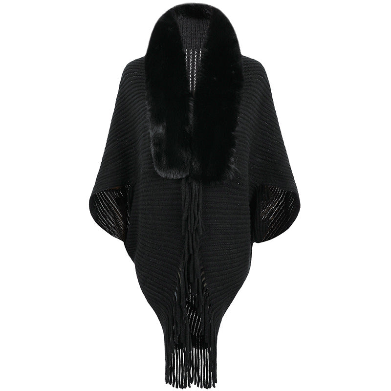 Women's Fur Collar Tassel Shawl Knitted