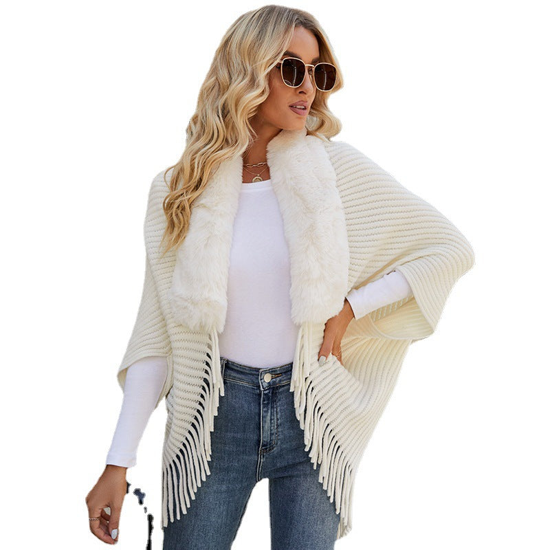 Women's Fur Collar Tassel Shawl Knitted