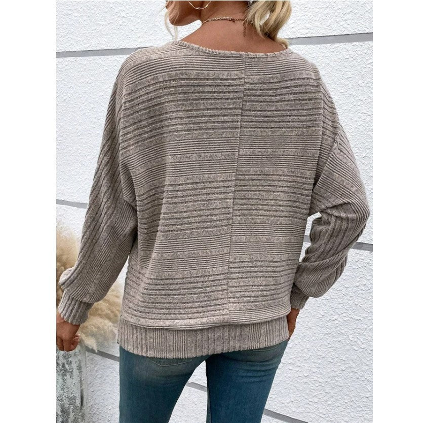 Lässiger, einfarbiger, langärmeliger Patchwork-Pullover mit Rundhalsausschnitt für Damen