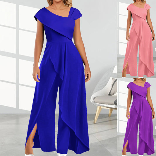 Modischer Jumpsuit mit schlichtem Temperament und diagonalem Kragen