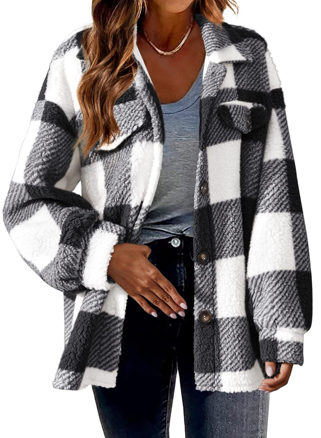 Umlegekragen Karierte Jacke mit Taschen Einreihige Button-Down-Wolljacke Herbst- und Winterkleidung für Damen