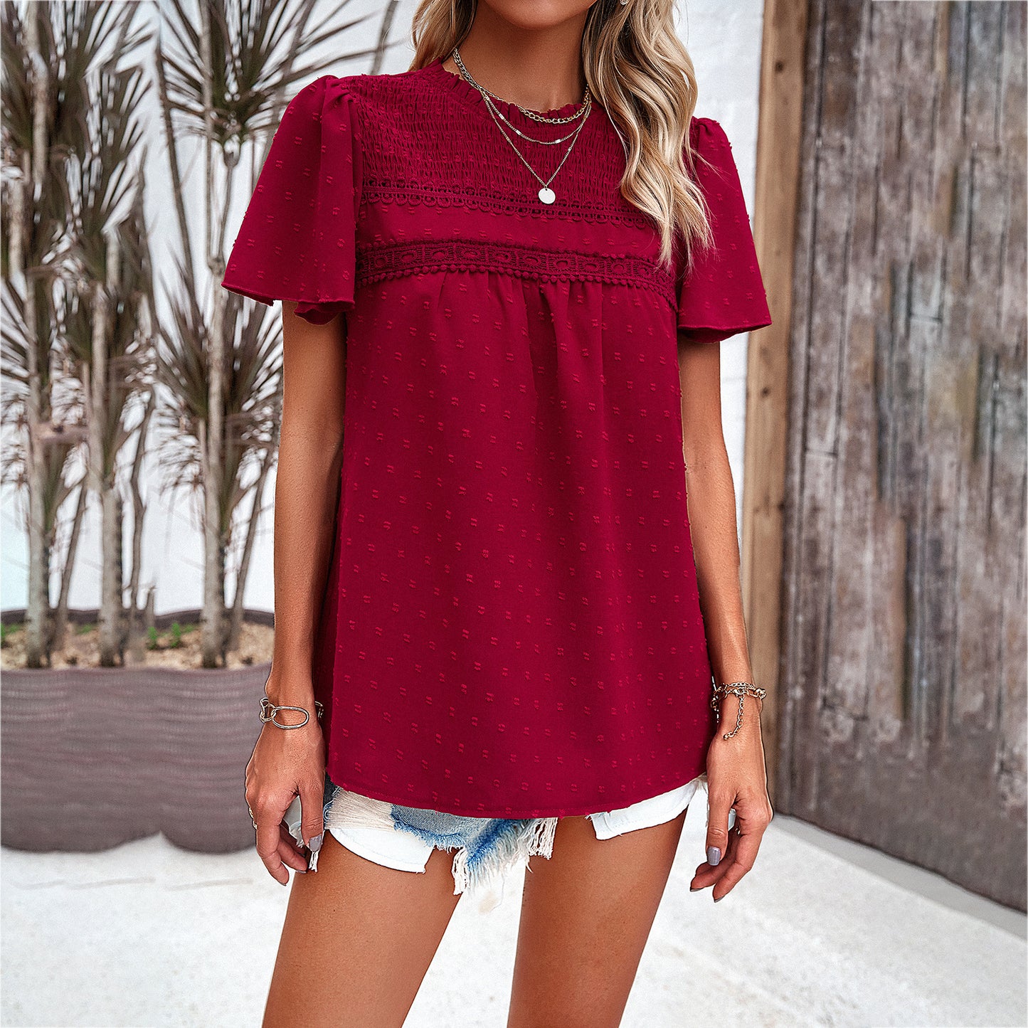 Women's Solid Color Short-sleeved Patchwork Top