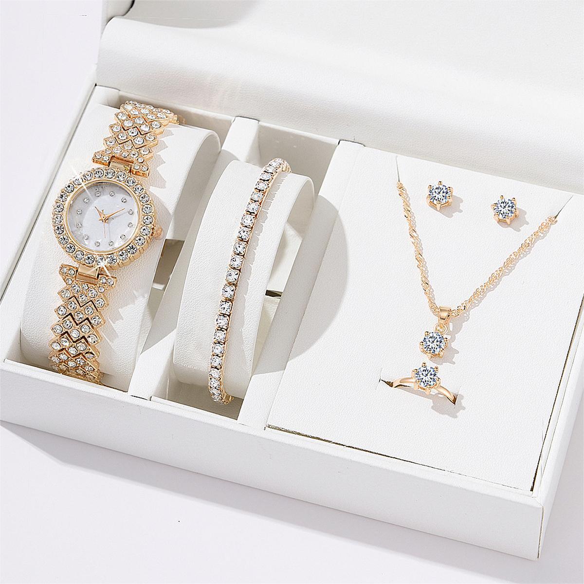 Women's Alloy Quartz Watch Necklace Earrings Bracelet Ring Suit