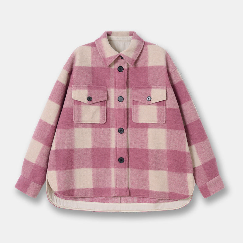 Plaid Perfection: Wool plaid short coat with a shirt collar, offering loose comfort for both men and women.