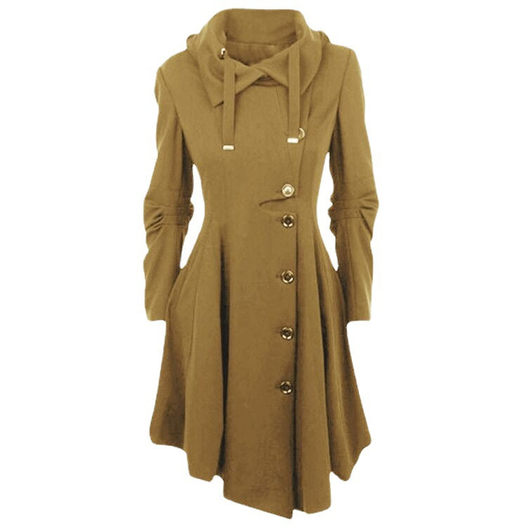 Schlanke Eleganz: Schmaler, zweireihiger, langer Trenchcoat für zeitlosen Stil.