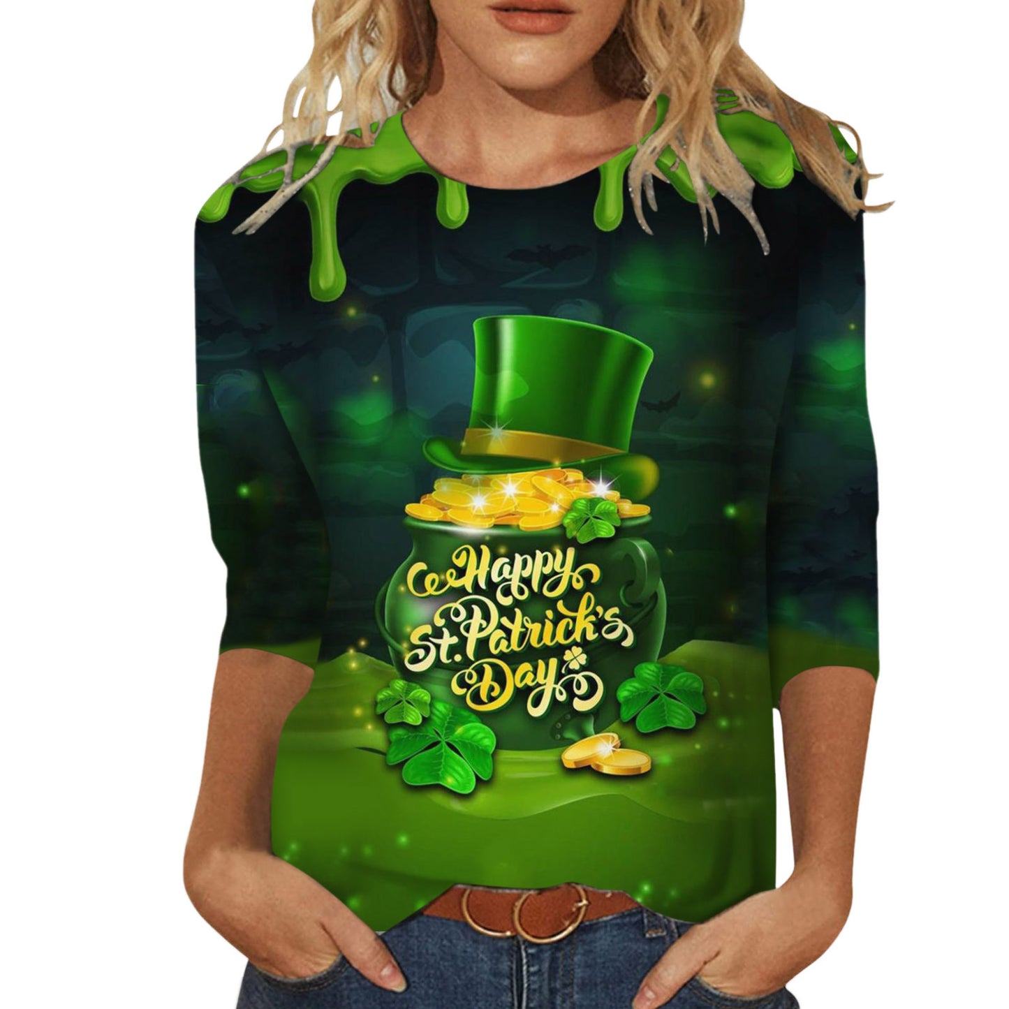 Digital Printing Green Round-neck T-shirt