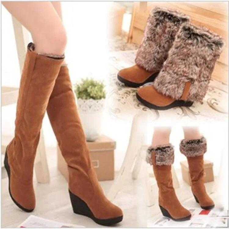 Winter  Styles Fur Boots Ladies High Heels Platform Knee High Snow Boots Women 2020 Warm Fur Wedge Shoes Woman 896