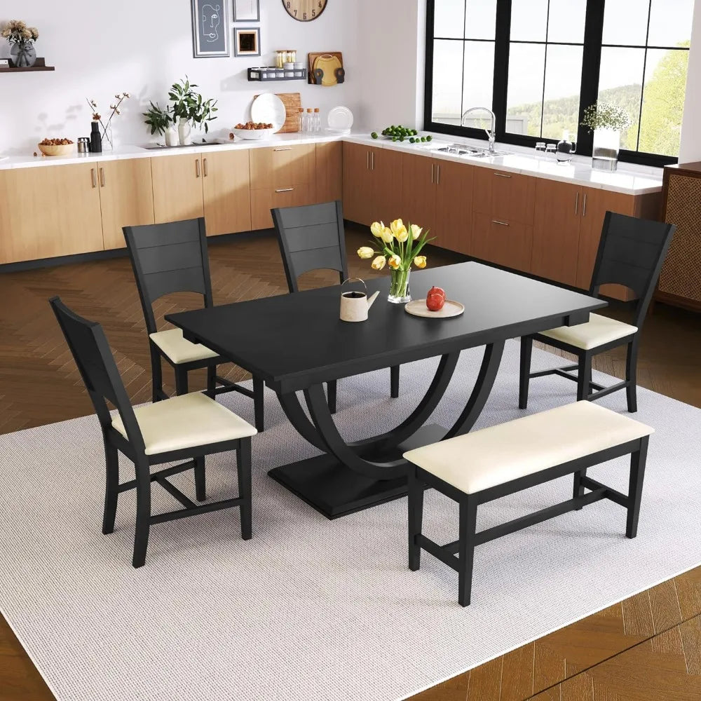 6 Piece Dining Table Set, with Long Bench and 4 Upholstered Dining Chairs, Modern Wooden Half Round Kitchen Table Set