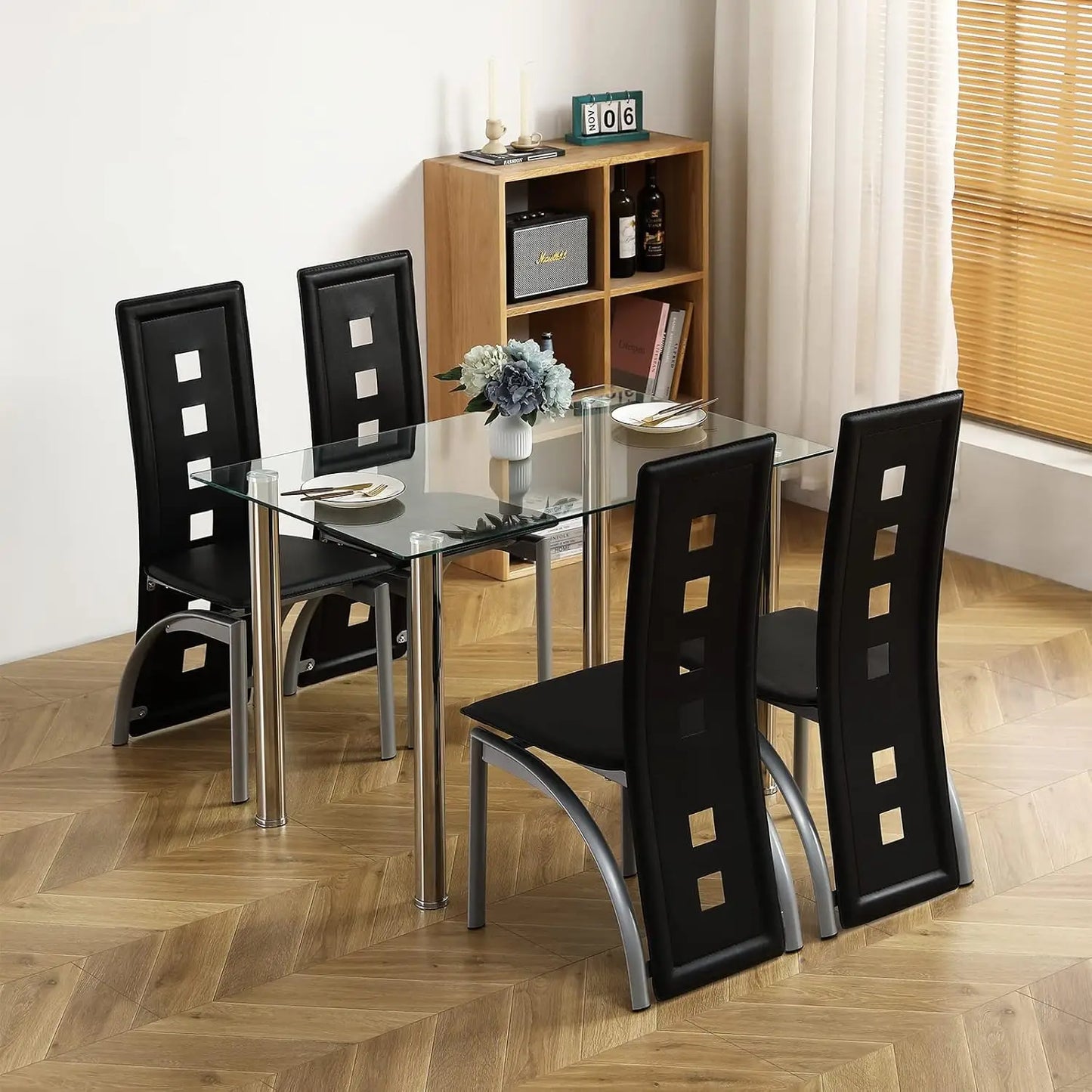 5-Piece Dining Table Set with 1 Glass Dining Table and 4 PVC Chairs, Modern Table Set for Kitchen & Dining Living Room