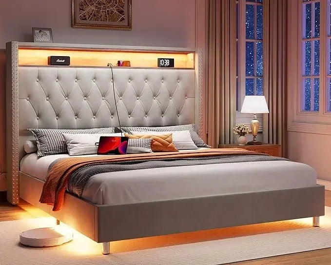 Queen Bed Frame with LED Lights Charging Station with Headboard Motion Night Lights, Velvet Tall Upholstered Platform Bed Frame