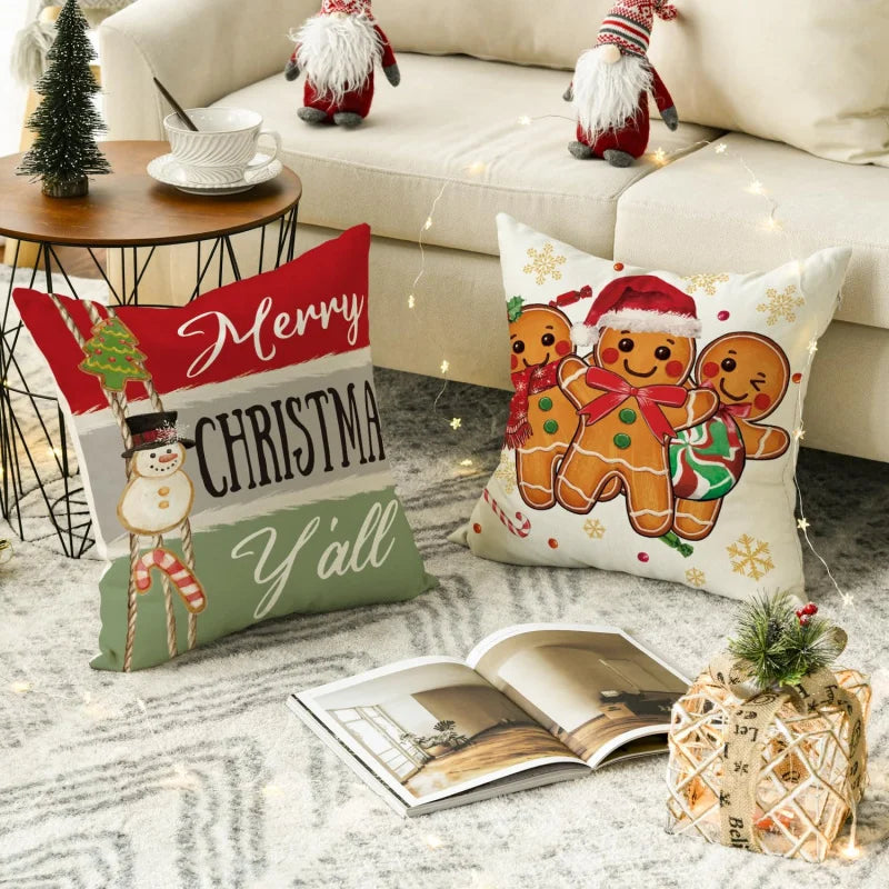 Christmas tree gingerbread man snowflake pillow cover, 18 x 18 inch winter candy cushion sofa cover decoration 4-piece pillow se