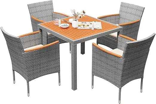 5 PCS Rattan Outdoor Dining Sets, with Acacia Wood Top,and Chairs for Backyard, Garden, Deck,Outdoor Patio Conversation Set