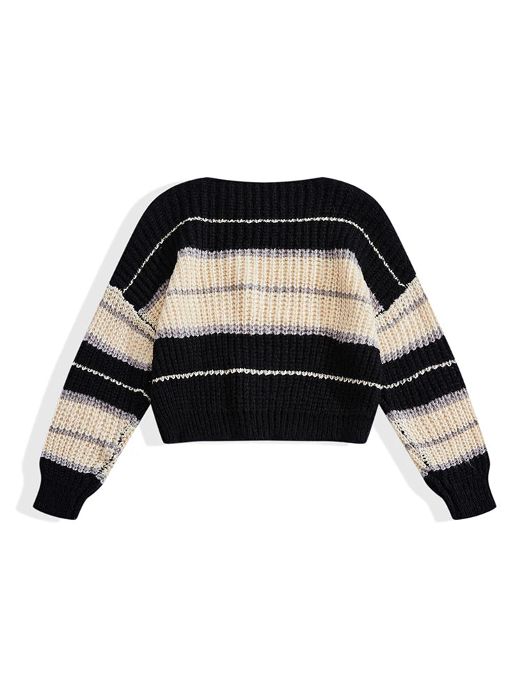 ONELINK Angora Wool Mohair Plus Size Women Autumn Winter Pullover Sweater Slash Neck Black Beige Wide Strips Oversize Clothing