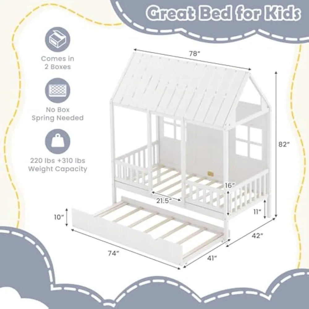 Giantex Twin House Bed with Trundle, Kids Bed Frame with 82" Tall Roof, Windows and Guardrail, Wooden Playhouse Bed for Teens