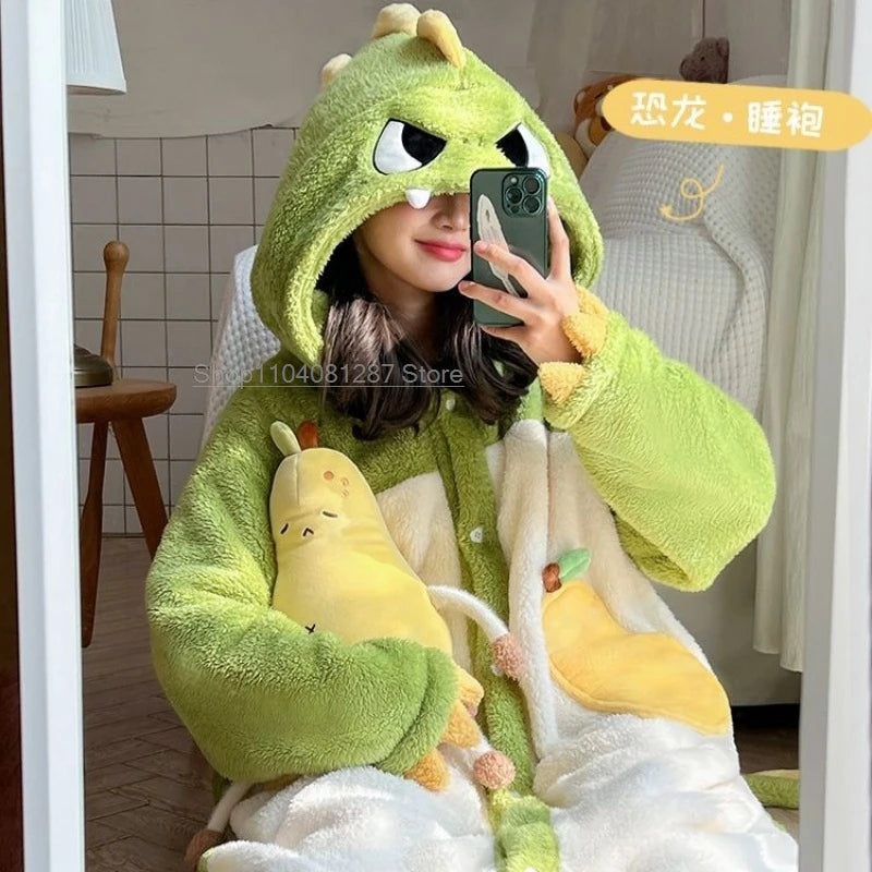 Women's Onesies Flannel Cosplay Costume Dinosaur Panda Fox Animal Pajama Cartoon Hooded Sleepwear Halloween Christmas Nightdress