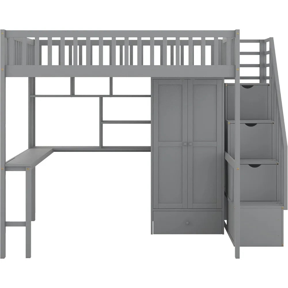 Bunk Bed,Full Loft Beds Stairway Loft Bed Frame with Wardrobe, Desk, Bookcase and Drawers, Solid Wood Bunk Beds