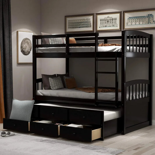 Twin Over Twin Bunk Bed with Safety Rail, Ladder, Twin Trundle Bed with 3 Drawers for Bedroom, Guest Room Furniture