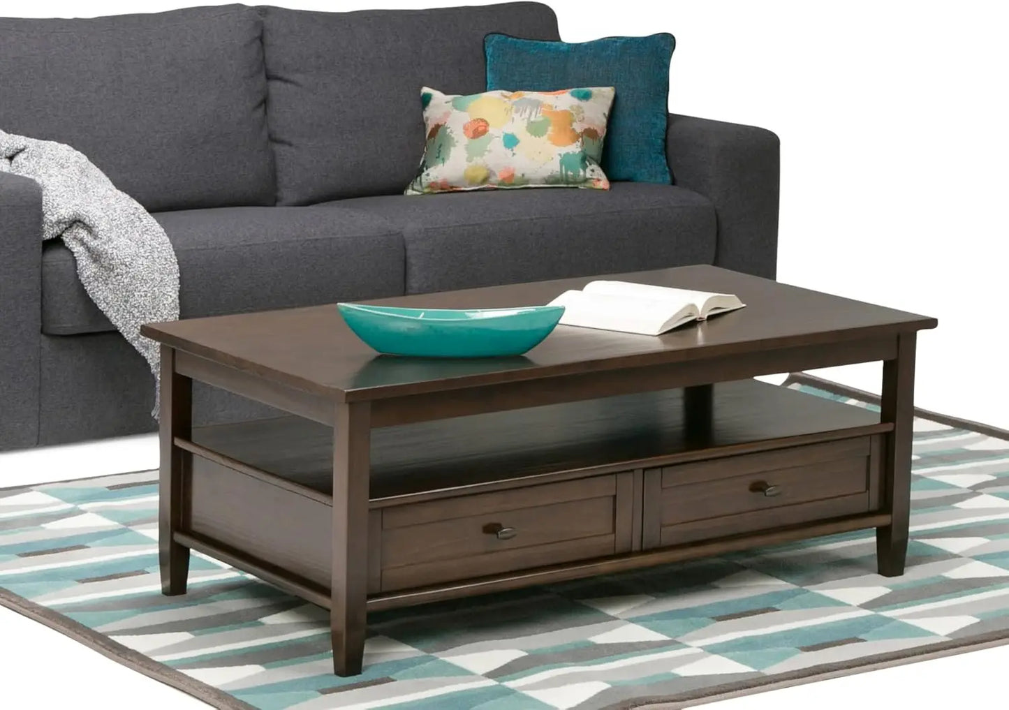 Shaker SOLID WOOD 48 inch Wide Rectangle Rustic Coffee Table in Tobacco Brown, for the Living Room and Family Room