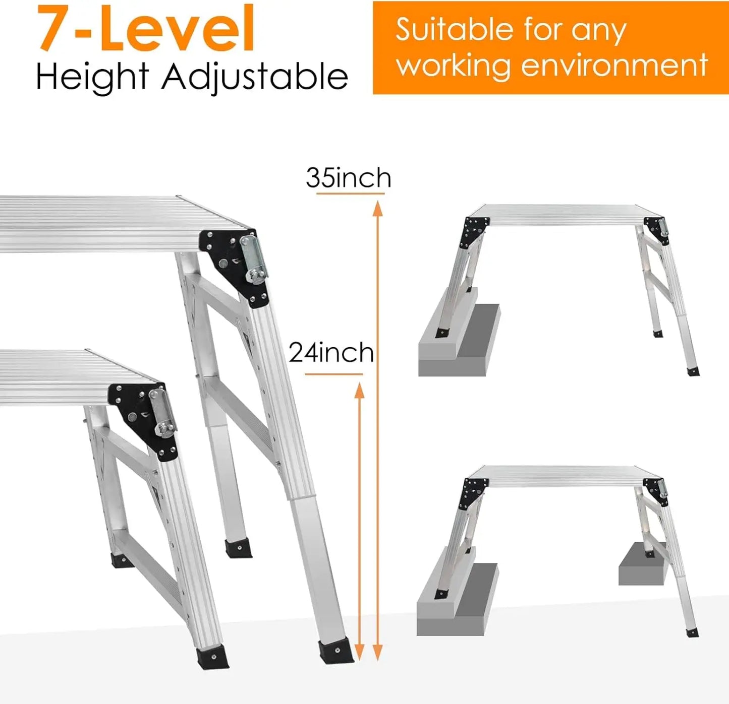 Work Platform Support Height 24 to 35 inches Portable Aluminum Step Stool Folding Ladder Non Slip for Household Office