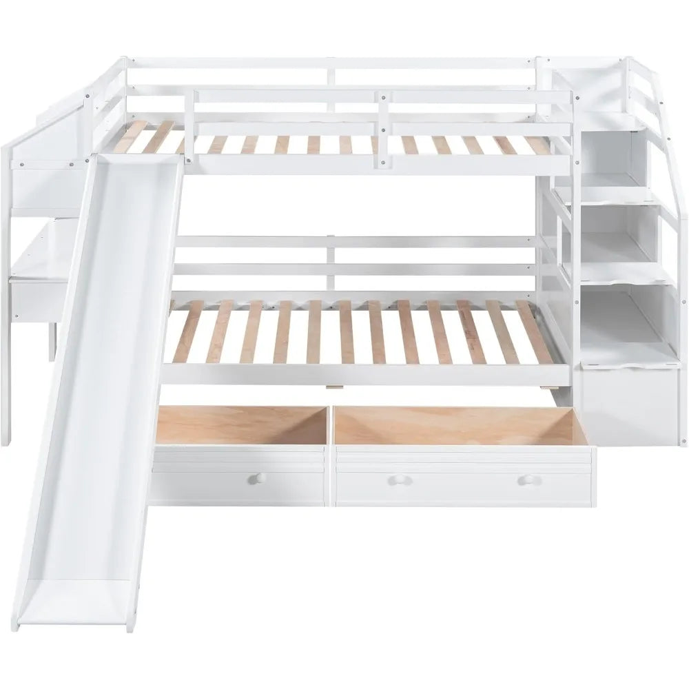 Twin Over Twin Bunk Bed with Stairs and Slide, with Storage Drawers for Kids Girls Boys, Solid Wood Bunk Bed Frame