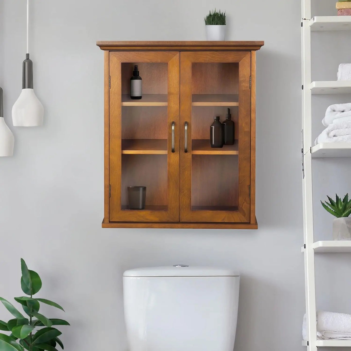 Wooden Over The Toilet Bathroom Removable Wall Medicine Cabinet with 2 Adjustable Shelves 3 Storage Spaces 2 Glass-Paneled