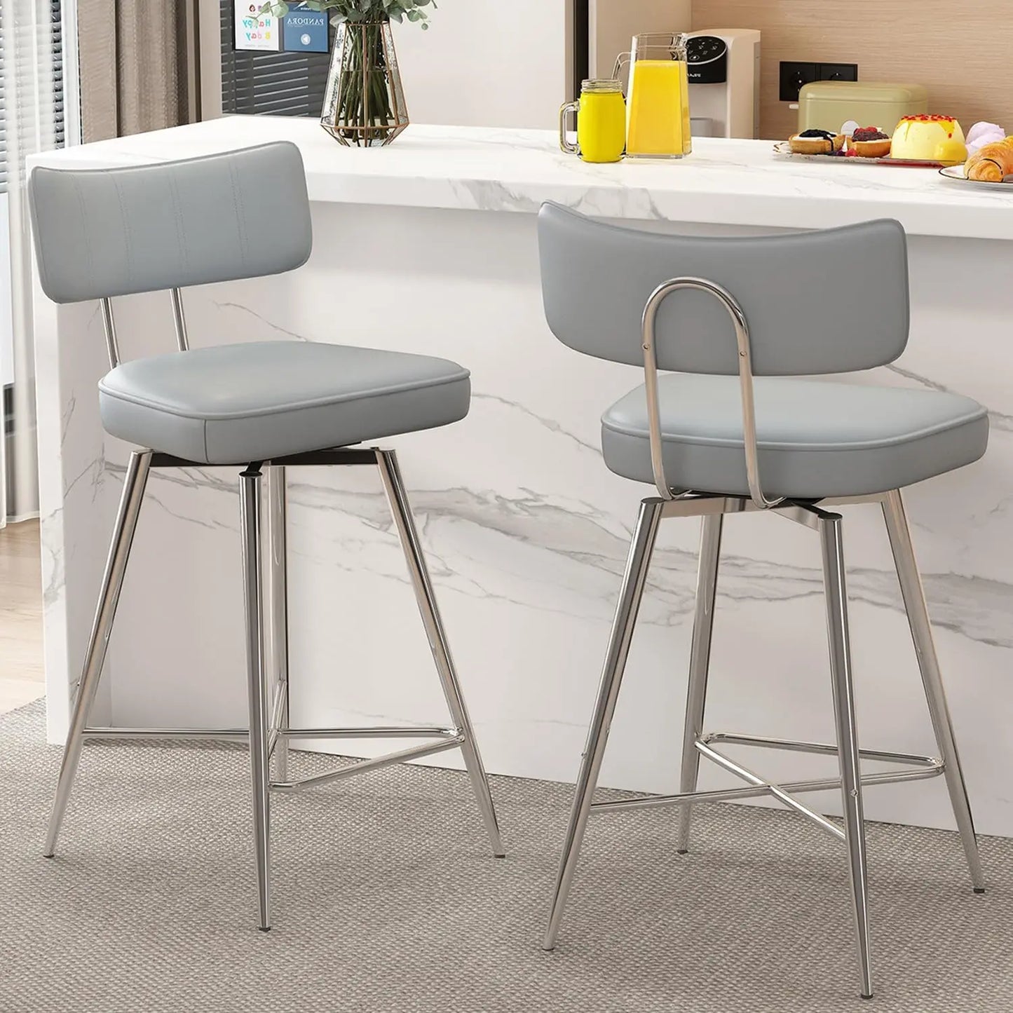 Swivel Bar Stools Set of 2, 26" Modern Counter Height Barstools, Leather Kitchen Stools with Back Footrest Metal Legs Bar Chairs