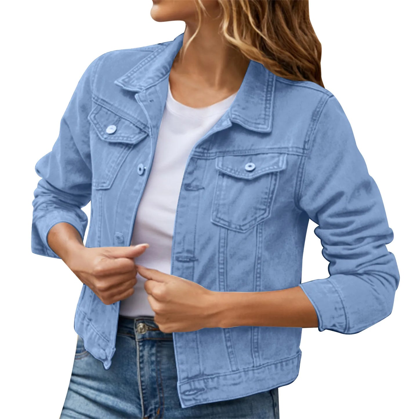 Red Women's Denim Coat Jacket Solid Color Button Down Denim Cotton Jacket With Double Pocket Lapel Denim Jacket Women Crop Top