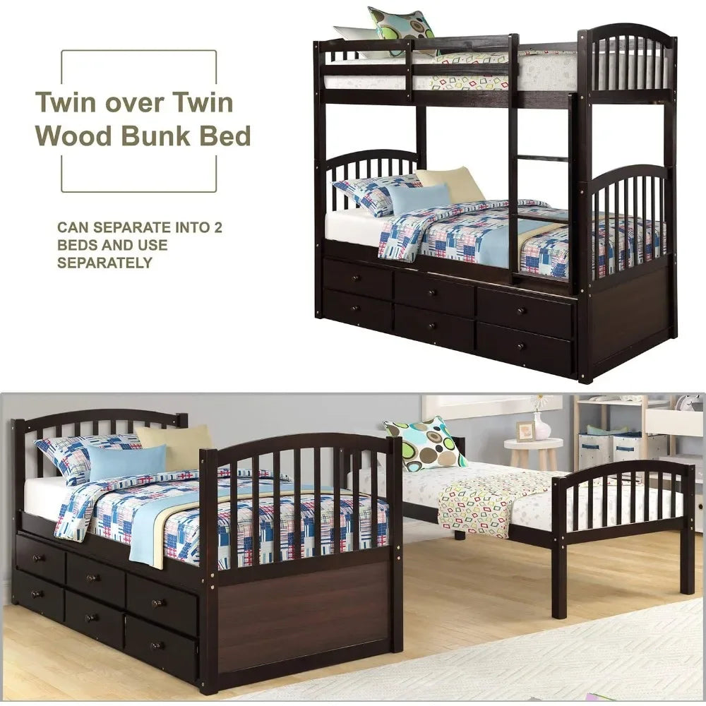 Twin Over Twin Bunk Bed with Safety Rail, Ladder, Twin Trundle Bed with 3 Drawers for Bedroom, Guest Room Furniture