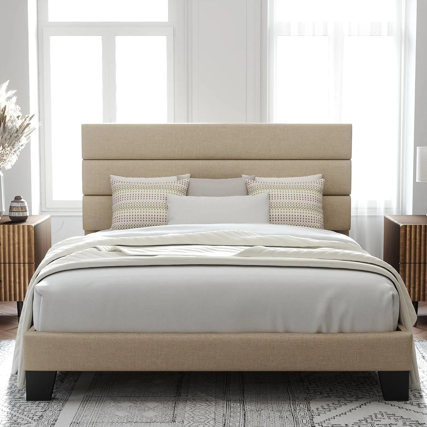 Queen Size Platform Bed Frame with Velvet Upholstered Headboard and Wooden Slats Support, Fully Upholstered Mattress