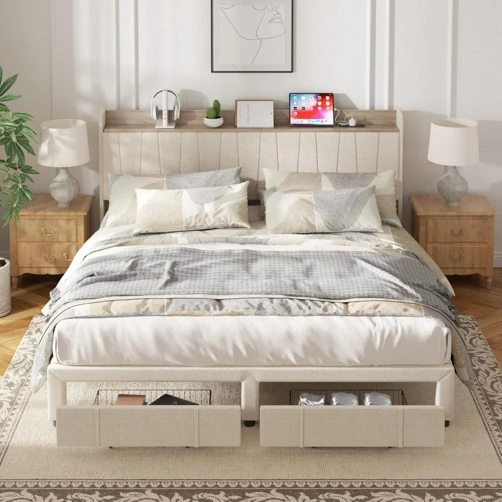 King Size Bed Frame,Upholstered Platform Bed with Storage Drawers No Box Spring Needed Headboard and Charging Station bedstead