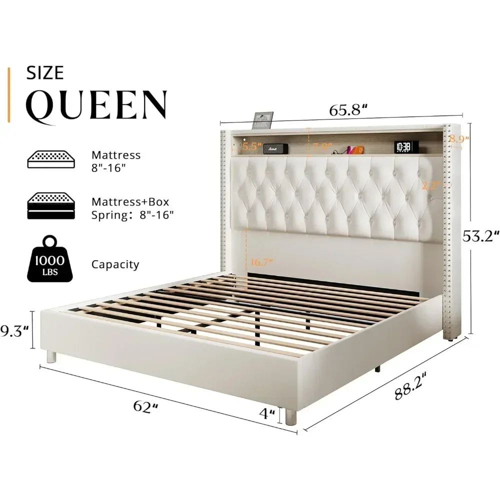 Queen Bed Frame with LED Lights Charging Station with Headboard Motion Night Lights, Velvet Tall Upholstered Platform Bed Frame