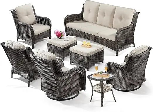 Wicker Patio Furniture Sets, with 3-Seat Sofa, 2Swivel Rocking Armchairs, 2 Armchairs,8 Piece Outdoor Furniture Conversation Set