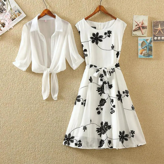 2 Pcs/Set Women Retro Dress Suit Flower Print Sleeveless Tight Waist Dress Long Sleeve See-through Cardigan Coat Dress Set