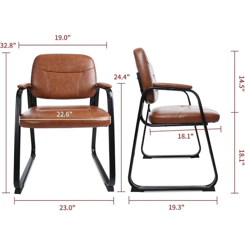 Waiting Room Reception Chairs No Wheel, Leather Guest Chair with Padded Arms, Modern Brown Office Desk Chairs with Sled Base