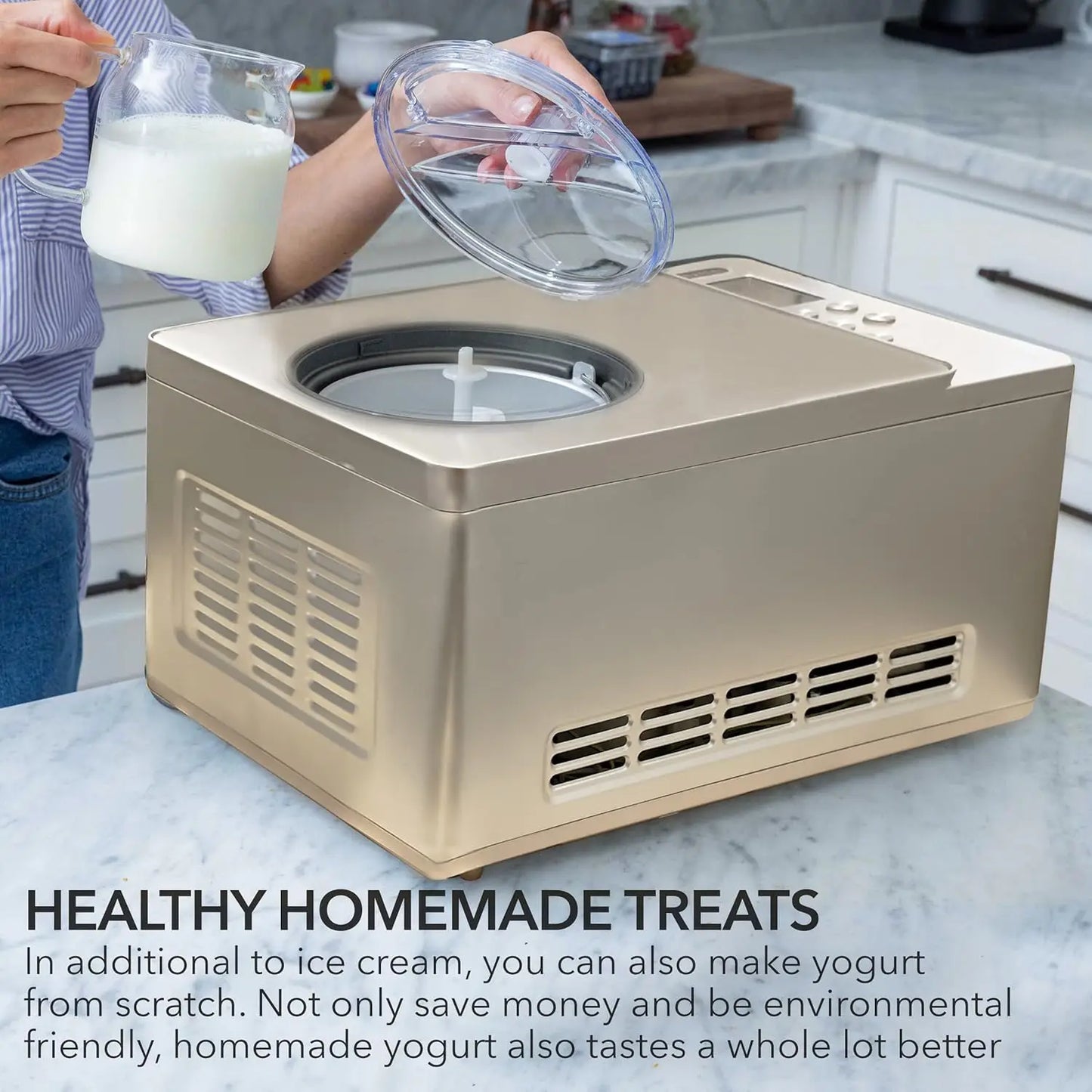 Cream Maker Machine & Yogurt Automatic 2 Qt. with Built-in Compressor, LCD Digital Display & Timer, No Pre-Freezing, ICM-220CGY