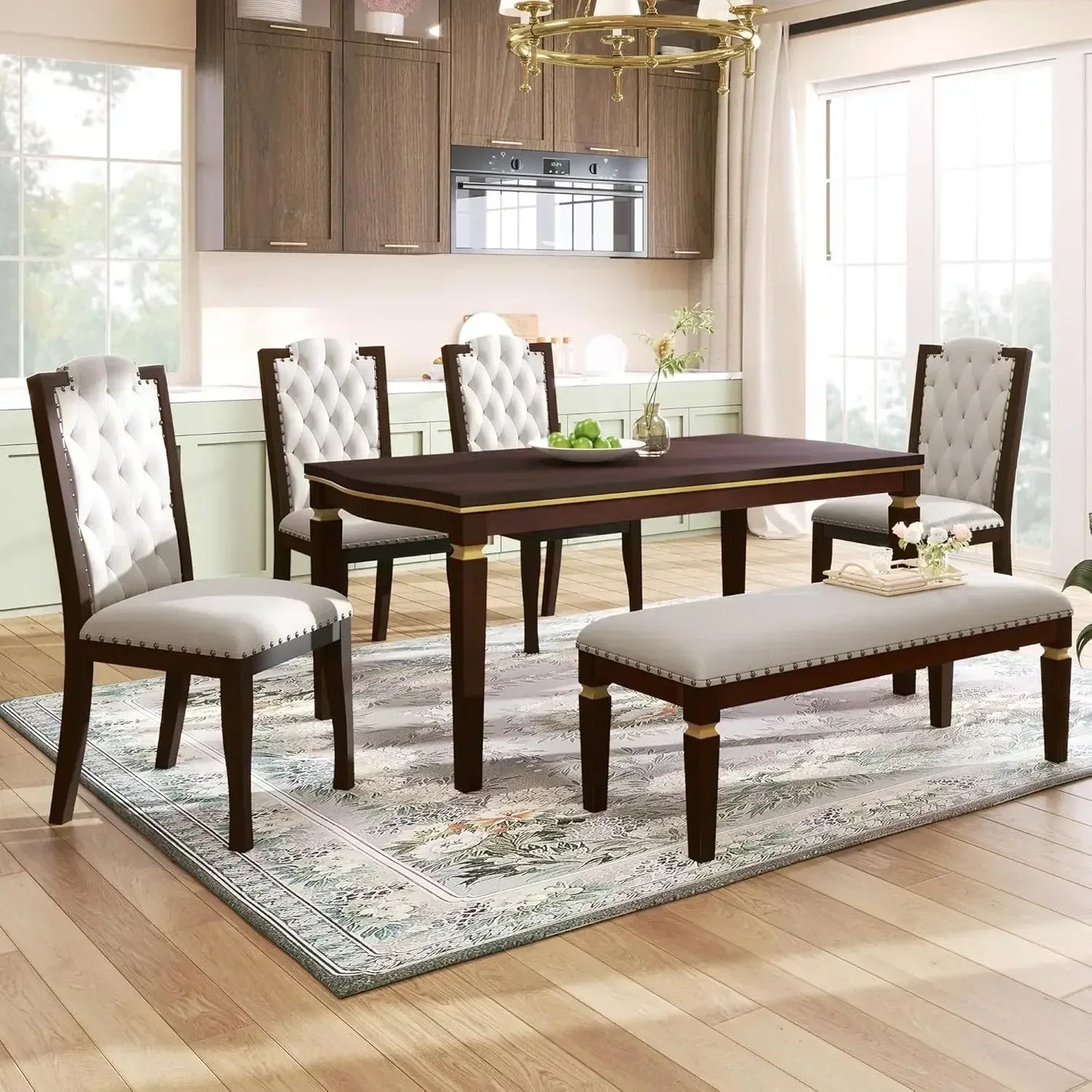 6 Piece Dining Table Set with Bench, 60" Wooden Table with 4 High-Back Tufted Chairs & 1 Bench, Kitchen Dining Room Table Set