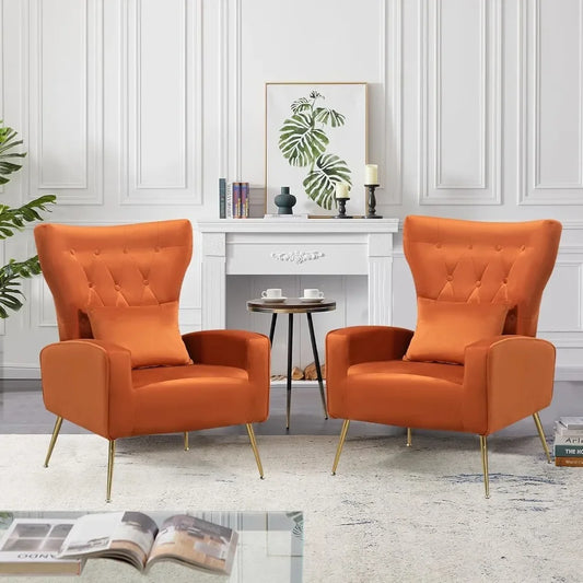 Button-Tufted Living Room Chairs Set of 2, WingBack Velvet Accent Chair Armchair with Lumbar Pillow, Orange, Living Room Chairs