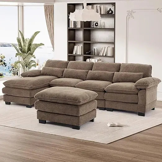 U Shape Sectional Sofa, Upholstery Comfy Modular Sofas, 4 Seat Chenille L-Shaped Sleeper Sofa,Living Room Cloud Couch