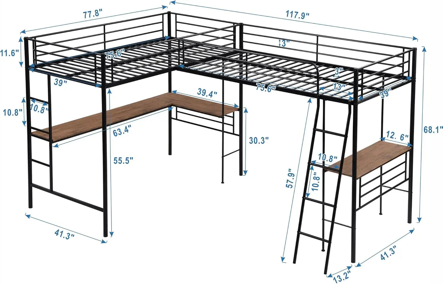 Size Loft Beds, Metal L-Shaped Loft Bed Frame with Two Desk Underneath for 2 Kids Boys Girls Teens, Black